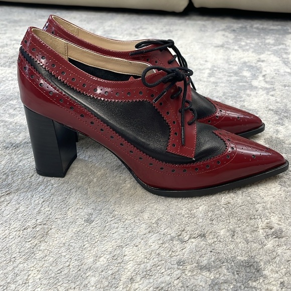 New L’Agence Elodie Pump Heeled Lace Up Oxford Preppy Academia Red Black 6 - Picture 5 of 11